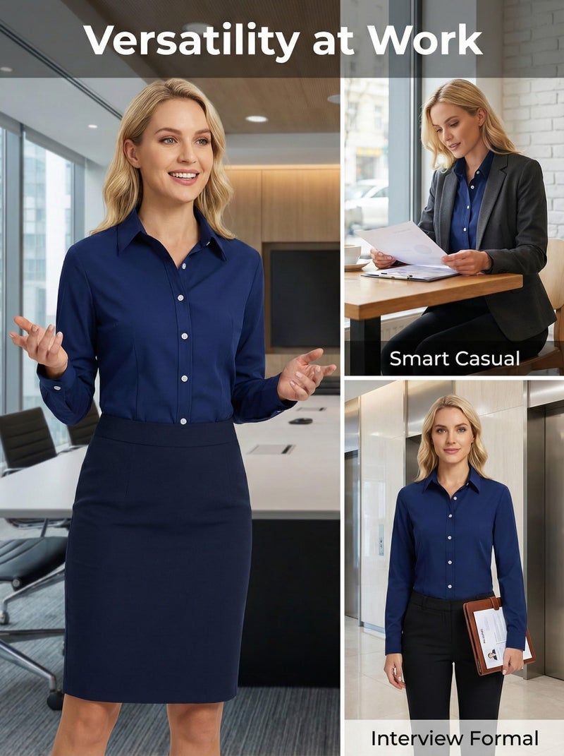 Beninos Women's Formal Work Wear Simple Shirt (225 Navy, S) - Image 5